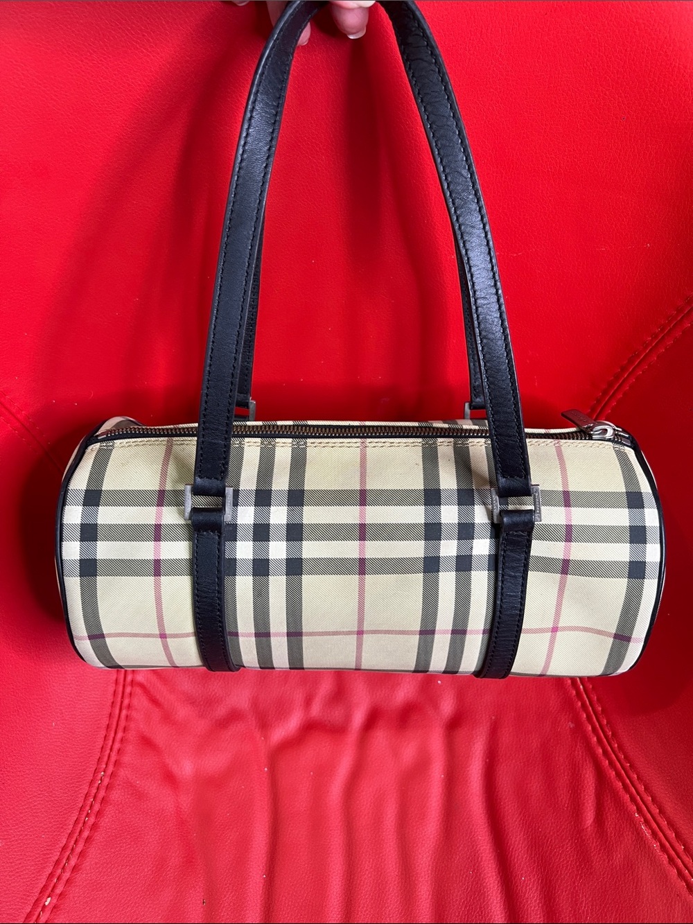 Burberry Classic Check Mini Barrel Bag with Black Straps